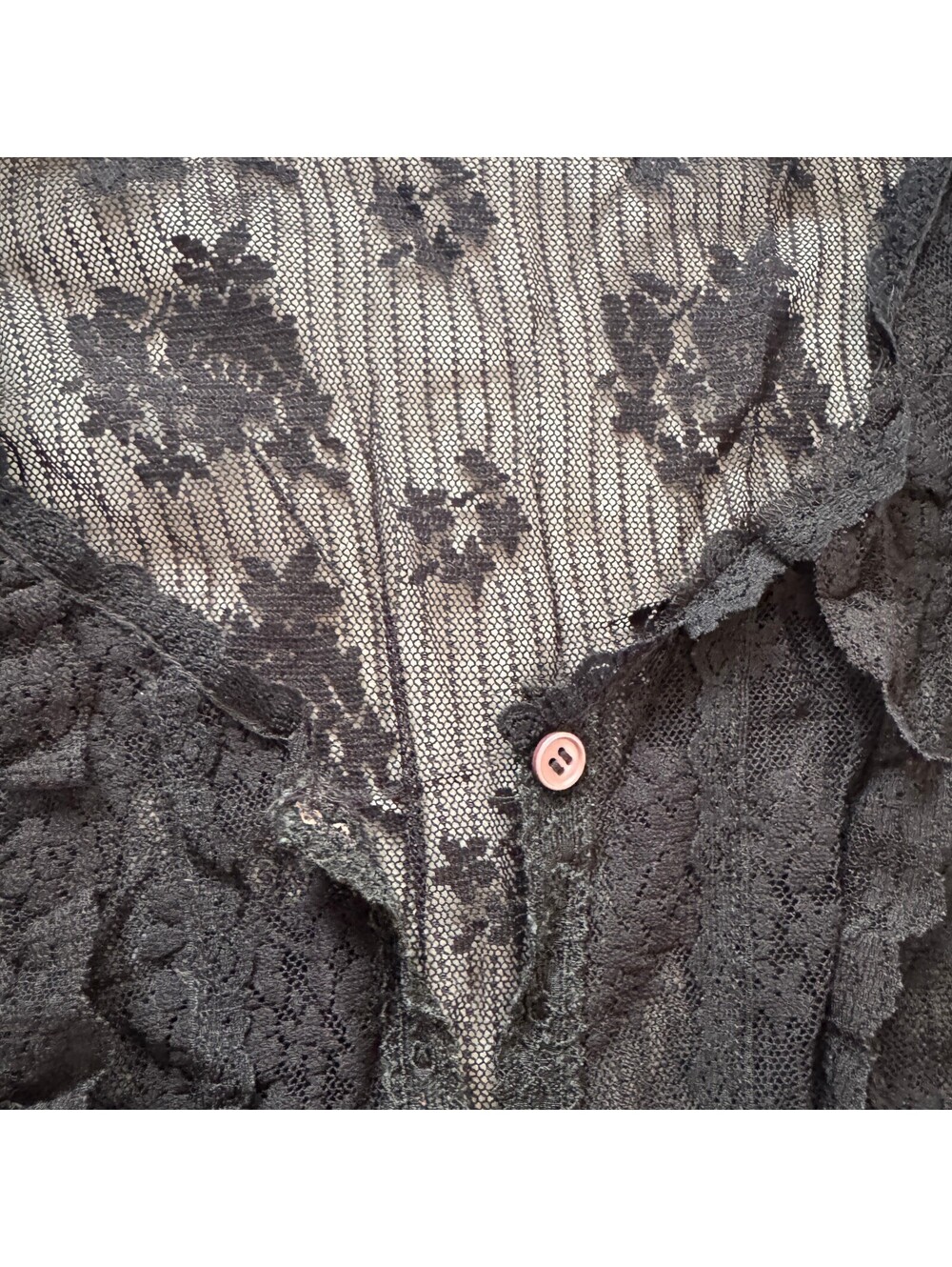 Y2K Black Sheer Floral Lace Ruffle Top Coquette Grunge Mesh Button Up Blouse XS - Picture 3 of 6